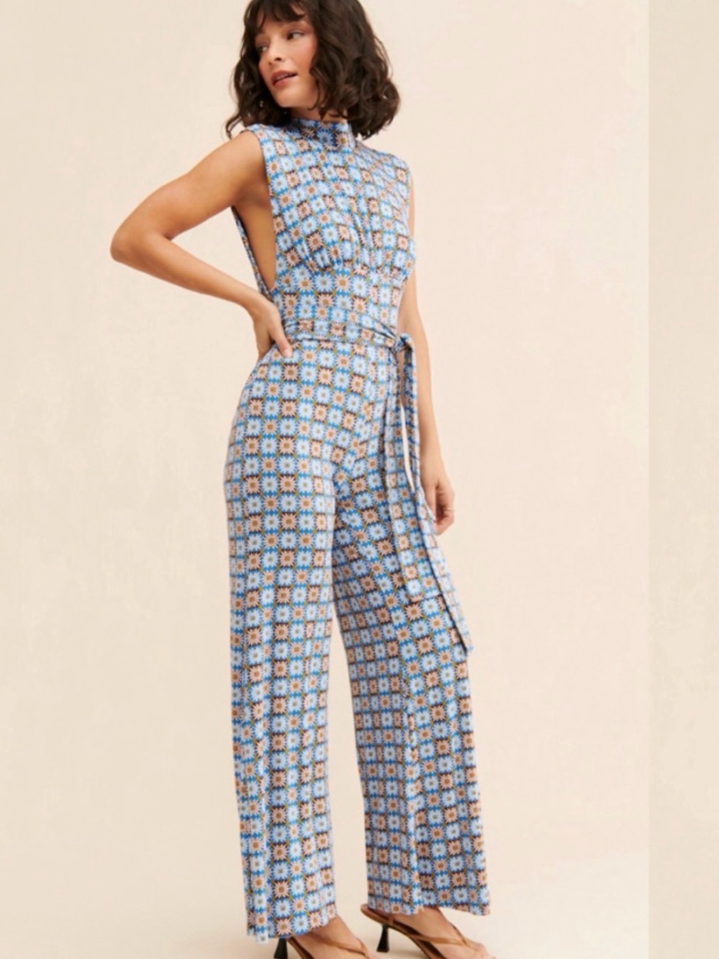 Free People Blue Patterned High-Neck Wide-Leg Vibe Check Jumpsuit